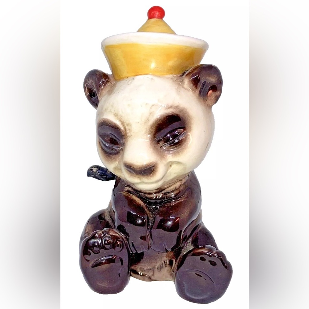 Vintage Goebel WGermany porcelain figure Happy sitting Panda bear 5” Yellow hat